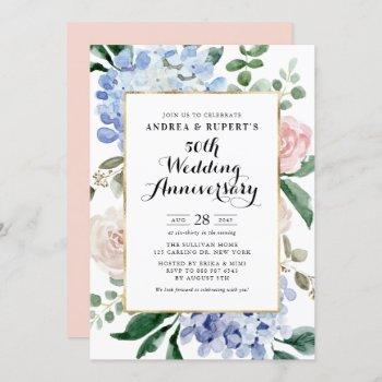 roses and blue hydrangeas 50th wedding anniversary invitation