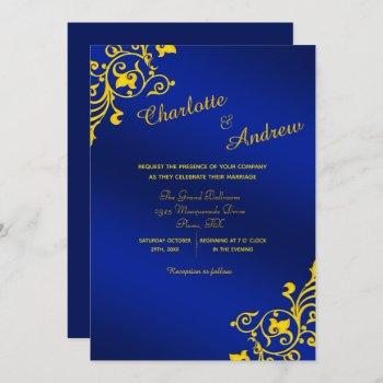 royal blue and golden yellow floral wedding invitation