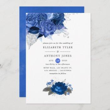 royal blue and silver floral wedding invitation