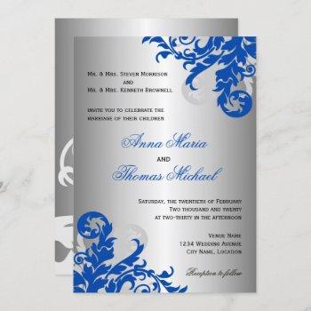 royal blue and silver flourish wedding invitation