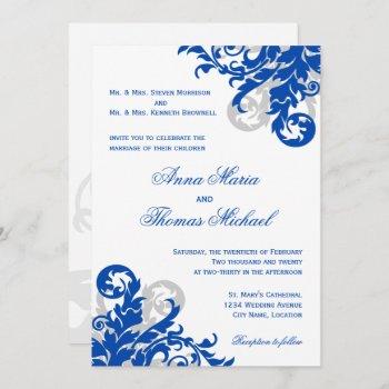 royal blue and silver flourish wedding invitation