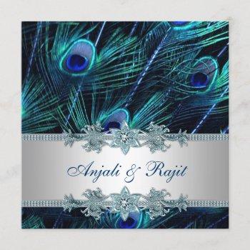 royal blue and silver royal blue peacock wedding invitation