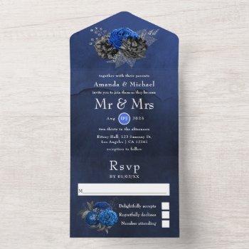 royal blue, black and silver floral wedding all in all in one invitation