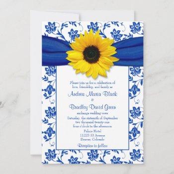 royal blue damask sunflower wedding invitation