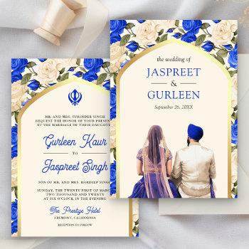 royal blue floral punjabi anand karaj sikh wedding invitation