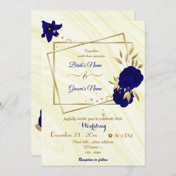 royal blue flowers gold geometric wedding invitation