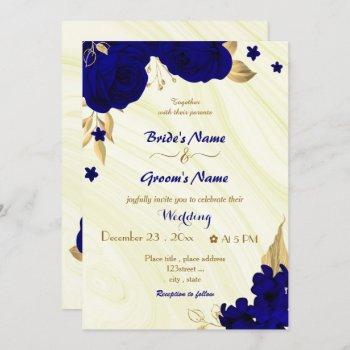 royal blue flowers gold wedding invitation