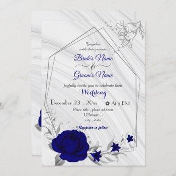 royal blue flowers silver geometric wedding invita invitation