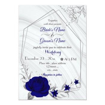 Small Royal Blue Flowers Silver Geometric Wedding Invita Front View