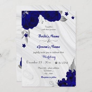 royal blue flowers silver gray wedding invitation