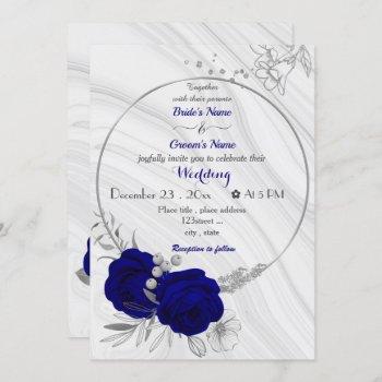 royal blue flowers silver wreath wedding invitation