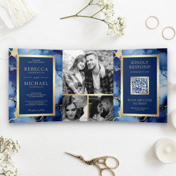 Small Royal Blue Gold Fluid Ink Qr Code Wedding Tri-fold Front View