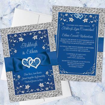 royal blue, gray love hearts wedding invitation
