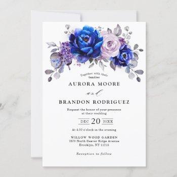 royal blue lilac purple floral wedding invitation