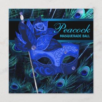 royal blue peacock masquerade party invitation