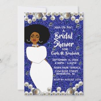 royal blue, pearls african american bridal shower  invitation