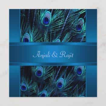 royal blue purple peacock feathers wedding invitation