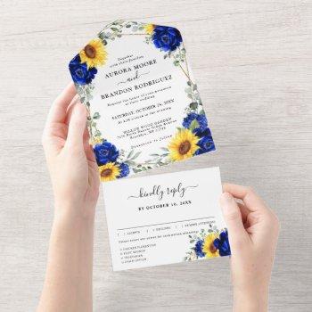 royal blue rustic sunflower geometric wedding  all in one invitation