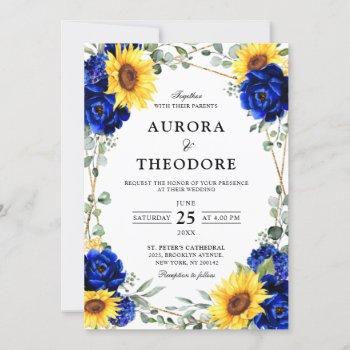 royal blue rustic sunflower geometric wedding  inv invitation