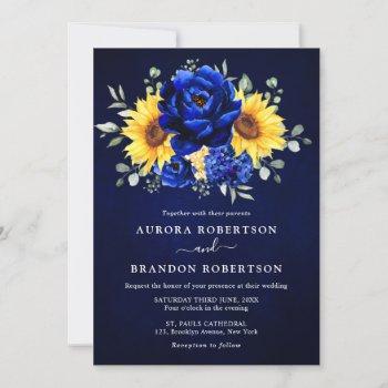 royal blue rustic sunflower modern floral wedding  invitation