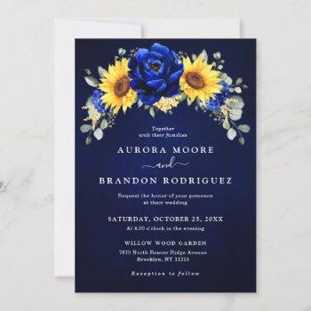 royal blue rustic sunflower modern floral wedding  invitation