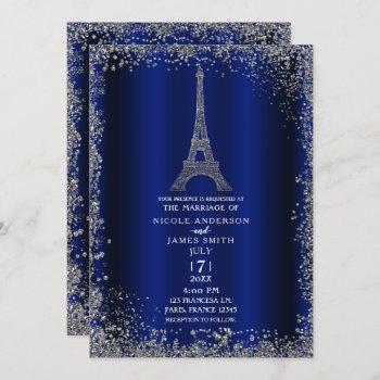 Small Royal Blue Silver Glitter Eiffel Tower Wedding Front View