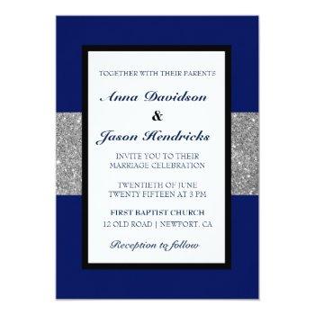 Small Royal Blue Silver Glitter Monogram Wedding Invite Back View