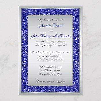 Small Royal Blue, Silver Ornate Scrolls Wedding Invite Front View