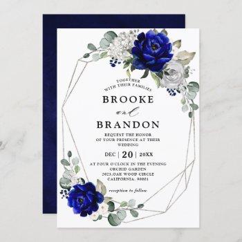 royal blue silver white ivory geometric wedding invitation
