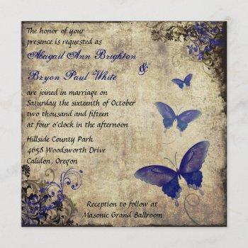 Small Royal Blue Vintage Butterfly Wedding Invite 2 Front View