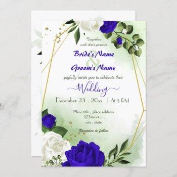 royal blue white flowers gold geometric wedding invitation