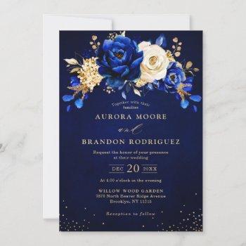 royal blue white gold metallic floral wedding invi invitation