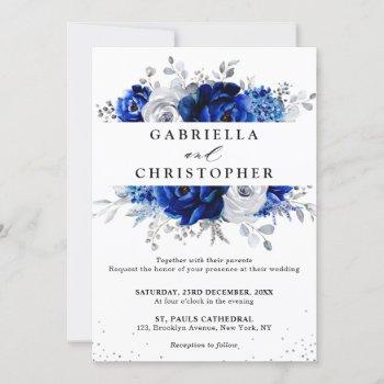 royal blue white metallic silver floral wedding invitation