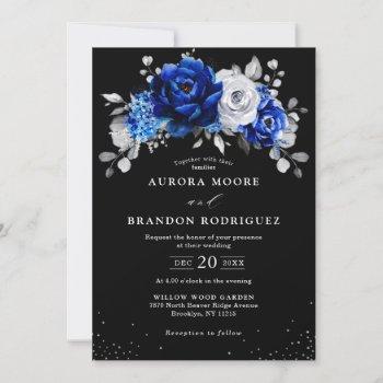 royal blue white silver metallic black wedding     invitation