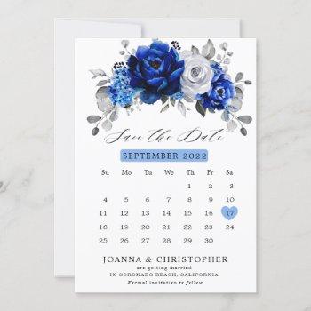 Small Royal Blue White Silver Metallic Floral Calendar S Save The Date Front View