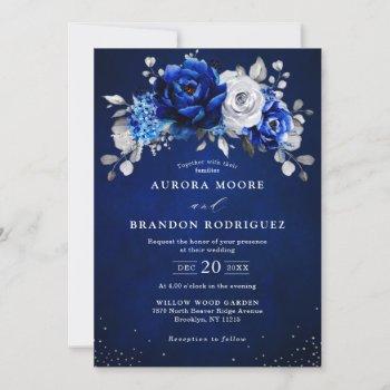 royal blue white silver metallic floral wedding in invitation
