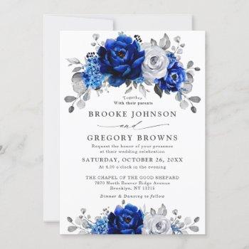 royal blue white silver metallic floral wedding invitation
