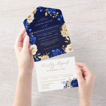 royal blue yellow gold metallic floral wedding all in one invitation