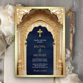royal gold arch religious christian blue wedding invitation