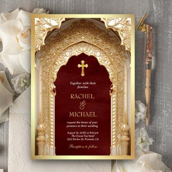 royal gold arch religious christian maroon wedding invitation