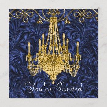 royal navy blue gold chandelier party invitations