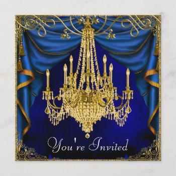 royal navy blue gold chandelier party invitations