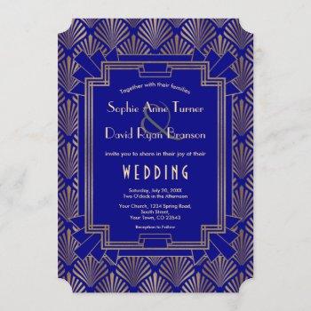 royal navy blue gold great gatsby art deco wedding invitation