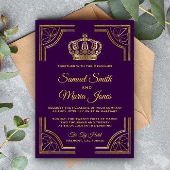 royal purple gold ornate crown wedding invitation