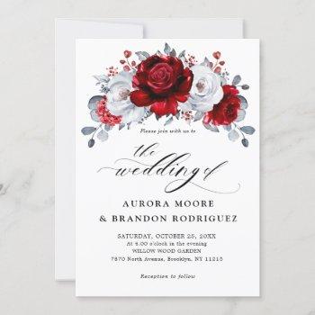 royal red white silver metallic floral wedding invitation