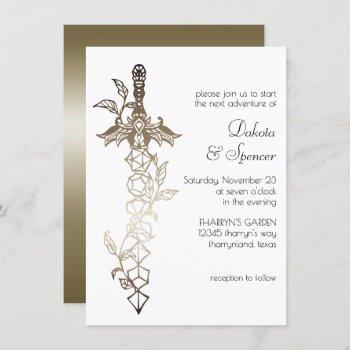rpg sword dice | luxury sheen gold gamer wedding invitation
