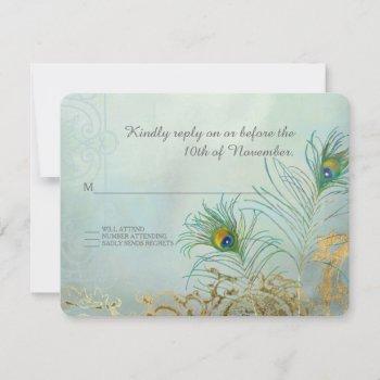 Small Rsvp Response Peacock Feather Gold Elegant Wedding Front View