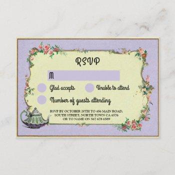 rsvp wedding wonderland teapot purple flowers invitation