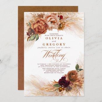 rust terracotta flowers and pampas grass wedding invitation