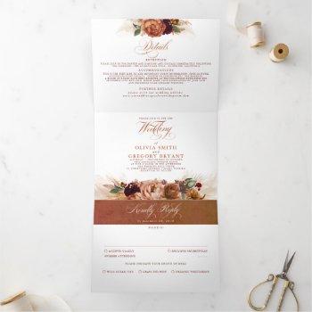 rust terracotta flowers and pampas grass wedding tri-fold invitation